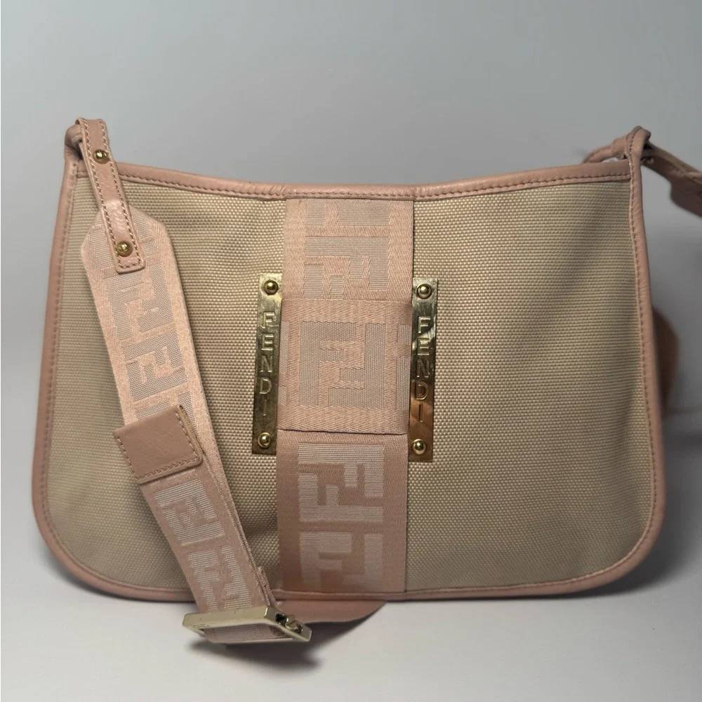 SOLD Fendi Zucca Pink & Khaki Crossbody Bag with Monogram Strap Luxury Bag - Picture 1 of 16